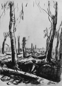 Drawing by Muirhead Bone entitled: Ruined Trenches in Mametz Wood